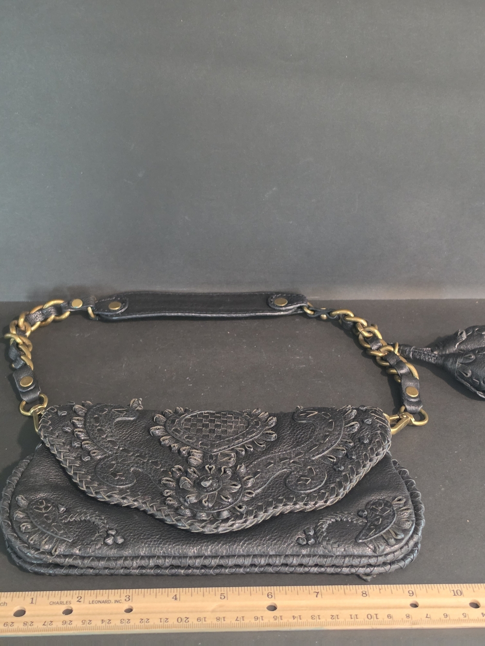 Black Embossed Leather Wristlet Clutch with Chain Strap